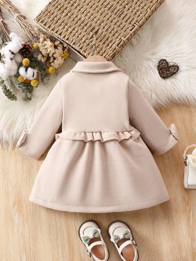 Baby Girl Double Breasted Ruffle Trim Bow Detail Overcoat
