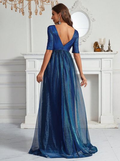 SHEIN Belle Deep V-neck 3d Flower And Mesh Patchwork Women's Evening Dress (heavyweight)