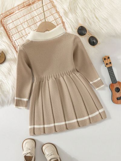 Baby Girls' Pleated Cable Knitted Sweater Dress For Winter