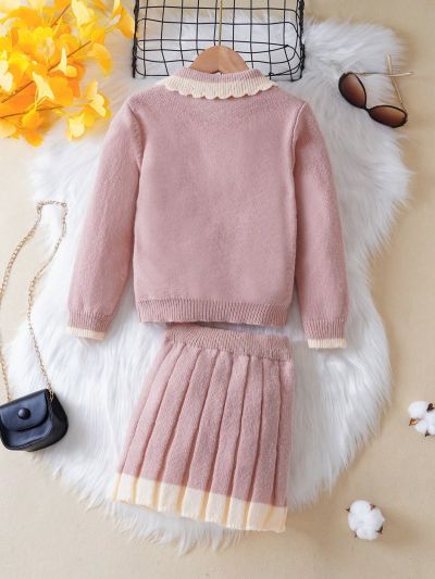SHEIN Kids EVRYDAY Little Girls' Casual Collared Long Sleeve Sweater And Knit Skirt Set