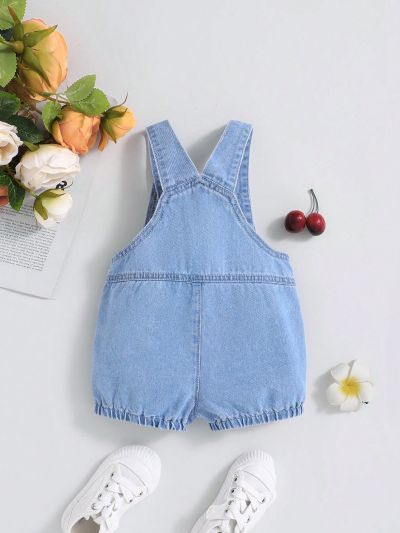SHEIN Babby Girls'  Spring Summer Boho Cute Jumpsuit Overalls,Washed Denim Dungaree Shorts, Fashionable And Thin, Summer