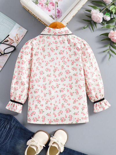 SHEIN Kids QTFun Girls' Floral Print Flounce Sleeve Blouse For Toddler