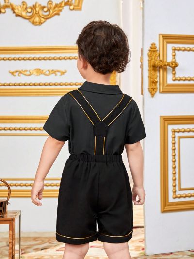 SHEIN Kids FANZEY Young Boy's Stylish Contrast Color Weave Strap Shirt, Suspenders Shorts Suit
