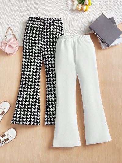 SHEIN Kids QTFun Tween Girls' Solid Color Houndstooth Pattern Fitted Flared Pants For Casual Wear