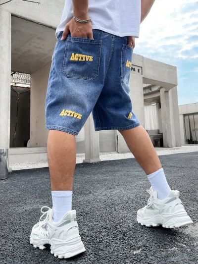 Manfinity Hypemode Men's Flocked Letter Print Denim Shorts