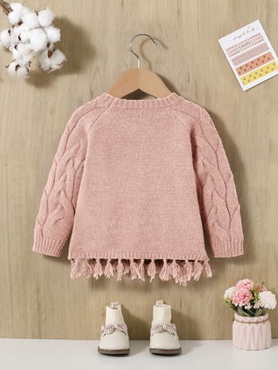 SHEIN Baby Girls' Casual Pullover Sweater With Long Sleeves, Round Neck And Fringe Hem