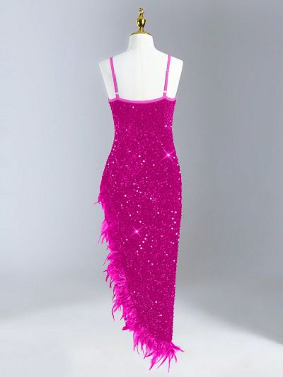 Tween Girls' Asymmetrical Sparkly Sequin Strap Cocktail Dress With Furry Hem