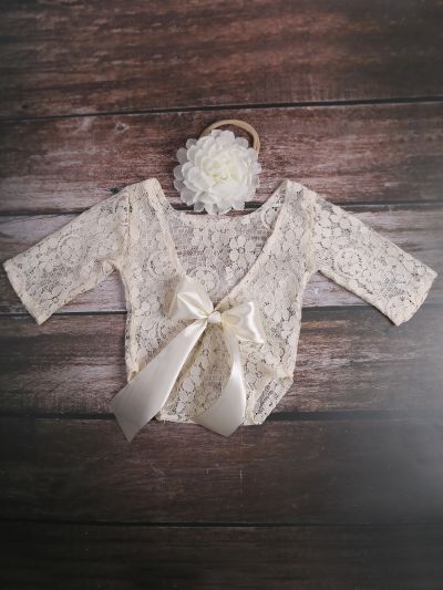 Newborn Girl Photography Bow Back Lace Bodysuit & Headband