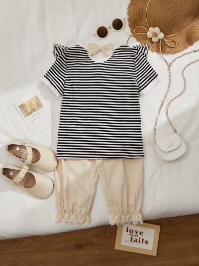 SHEIN Kids KDOMO Young Girls' Loose Fit Casual Round Neck Pullover Tee With Puff Sleeves And Back Bow Decoration