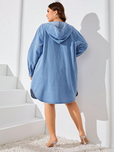 Plus Size Front Pocket Long Sleeve Denim Jacket With Lapel Collar