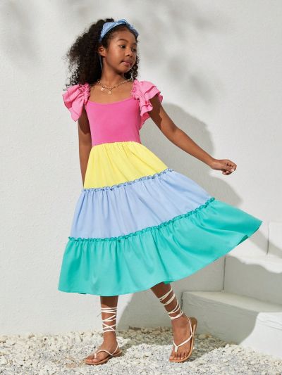 SHEIN Kids Cooltwn Tween Girls' Casual Spring/Summer Square Neckline Color Block Patchwork Dress