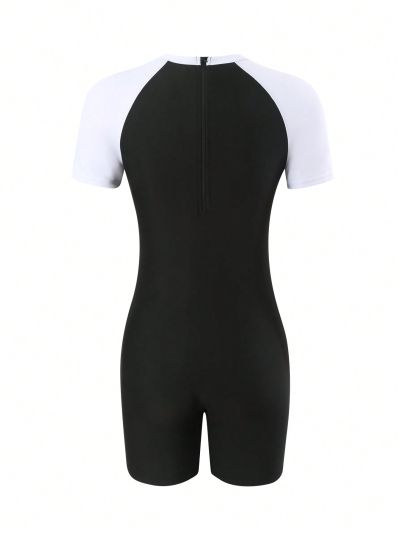 Teen Boys' Athletic Black And White Splicing One-Piece Swimsuit