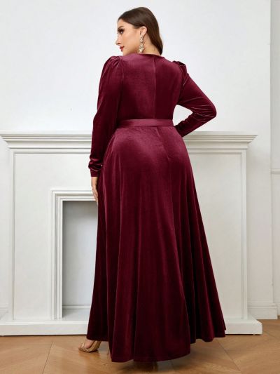 SHEIN Belle Plus Size Women's Bubble Sleeves Party Dress With Waist Belt (heavy Industry Style)