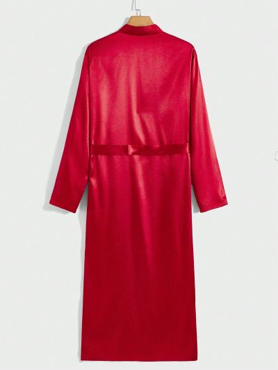Men Solid Belted Satin Lounge Robe