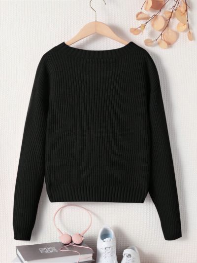 Teen Girls' Casual Loose Fit Round Neck Pullover Sweater With Body Beading Detail