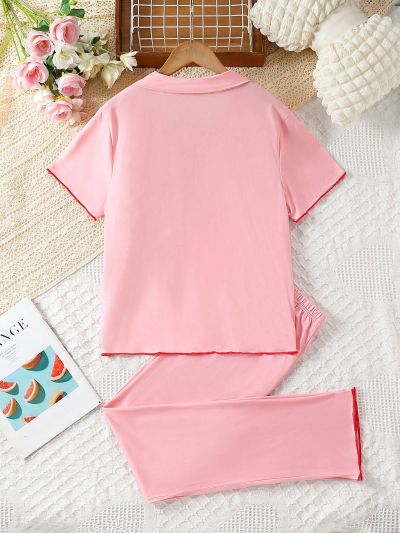 Teen Girls' Pink Simple Short Sleeve Button Up Shirt And Long Pants Pajama Set, 2pcs
