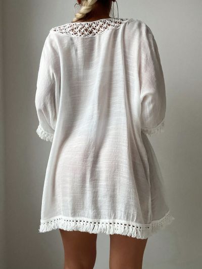 SHEIN Swim Vcay Women's Patchwork Fringed Sleeve Cuff Kimono Cover Up