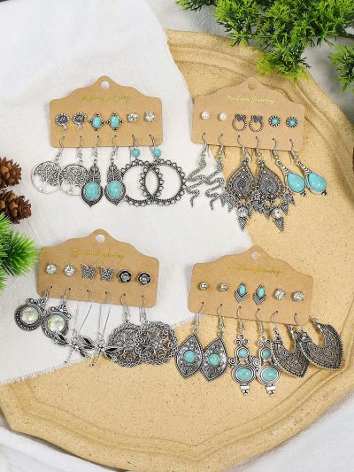 24pairs/set Bohemian Style Geometric Shaped Zinc Alloy Multicolor Drip Oil Pendant Vintage Stud Earrings & Dangle Earrings, Women's All-season Earrings Accessory Set