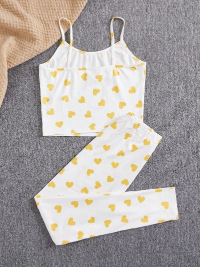 SHEIN Tween Girls' Heart Print Cami & Slim Fit Pants Lounge Wear 2pcs/Set