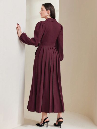 SHEIN Modely Women's Lantern Sleeve Button Detailing Pleated Hem Dress