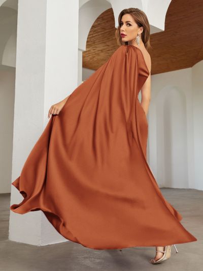 SHEIN One Shoulder Cloak Sleeve Wrap Hem Solid Dress