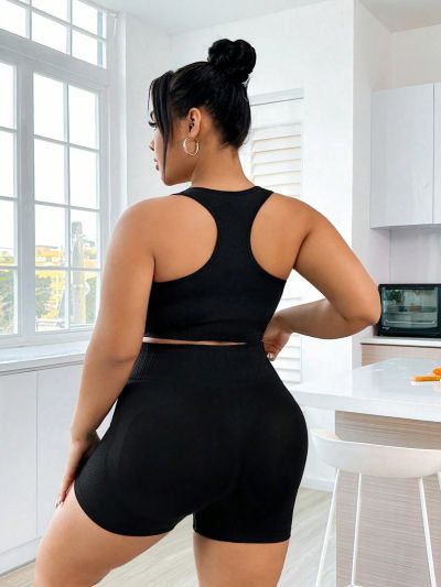 Street Sport Women'S Plus Size Solid Color Back Letter Printed Sportswear Set