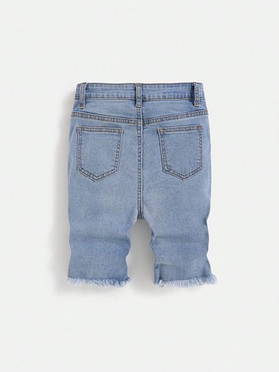 SHEIN SHEIN Tween Boys' Ripped Frayed Washed Blue Denim Shorts, For Spring And Summer Tween Boy Outfits