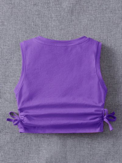 SHEIN Kids EVRYDAY Tween Girls' Knit Ruffle Detail Bowknot Tank Top With Round Neckline, Casual