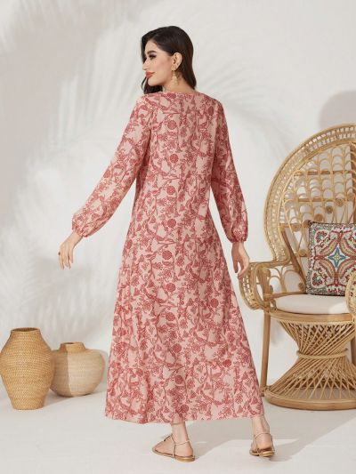 SHEIN Najma Women's Floral Printed Lantern Sleeve Arabian Dress