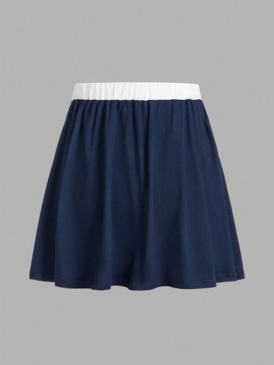 Teenage Girl'S Colorblock Pleated Midi Skirt With Belted Waist