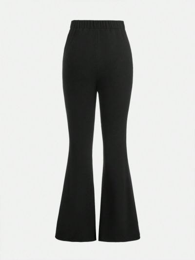 SHEIN Teen Girls' Knitted Solid Color Flared Pants With Decorative Button For Casual Wear