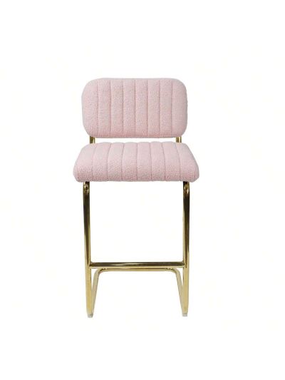 OSQI Mid-Century Modern Counter Height Bar Stools for Kitchen Set of 2, Armless Bar Chairs with Gold Metal Chrome Base for Dining Room, Upholstered Boucle Fabric Counter Stools, Pink