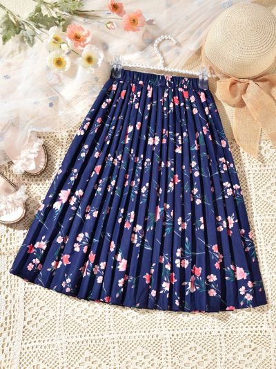 SHEIN Kids Y2Kool Tween Girls' Flower Print Pleated Skirt