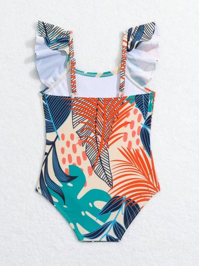Random Plant Printed Ruffle Trimmed One-Piece Swimsuit For Baby Girl