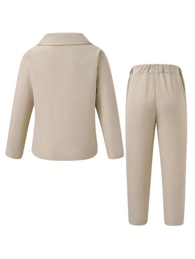 SHEIN Young Boy Gentleman Two Piece Suit - Color Block Design Suit Jacket + Pants, Elegant Tuxedo For Birthday Party, Prom, Wedding, Baptism, Christening, And Other Formal Occasions