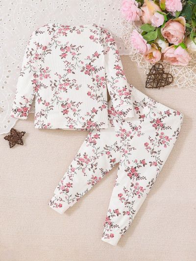 2pcs/Set Baby Girls' Floral Printed Long Sleeve T-Shirt And Pants Pajamas, Slim Fit
