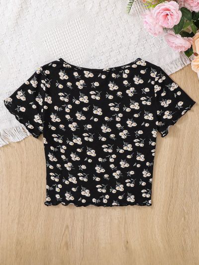 SHEIN Teenage Girl's Knitted Short Sleeve T-Shirt With Small Floral Print & Wavy Hem Design