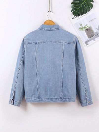 Teen Boy's Retro College Style Pocketed Washed Light Blue Ripped Denim Jacket