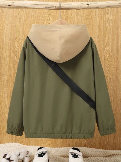 Tween Boy 1pc Slogan Patched Detail Half Zipper Hooded Jacket With Bag