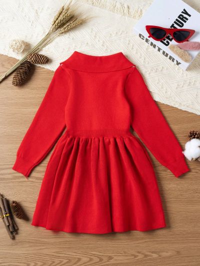 Little Girls' Contrast Color Flower Pattern Sweater Dress With Waist Cinched Design