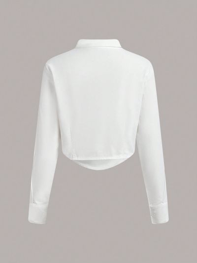 Teenage Girls' Solid Color Sweet & Cool Cropped Shirt With Cinched Waist