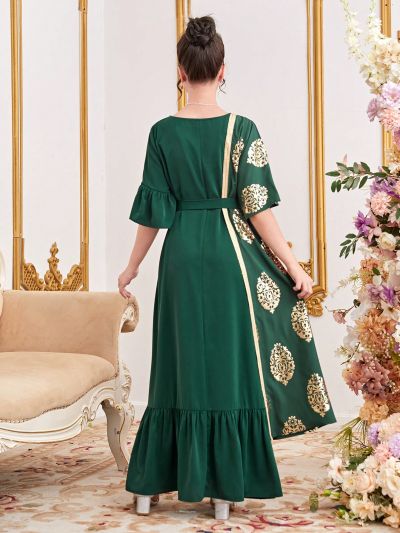 SHEIN Teen Girl Woven Patchwork Foil Print Ruffle Hem Casual Dress