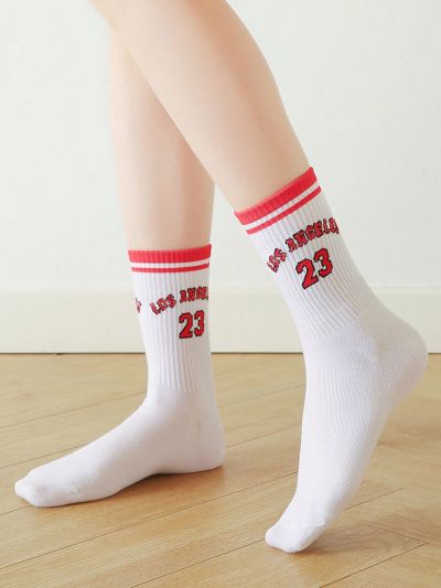 2pairs Striped & Letter Graphic Crew Socks