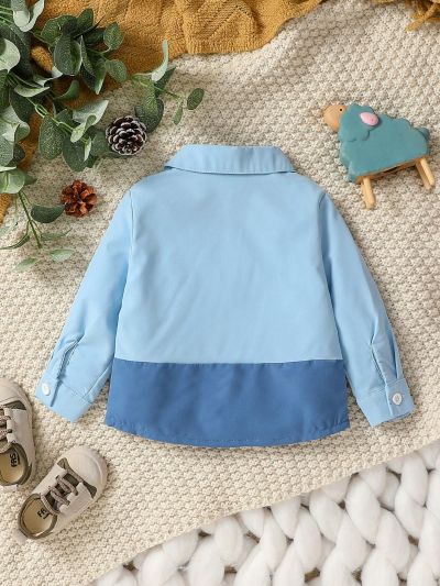 Street Style Baby Boy's Shirt Style Jacket With Colorblock Collar And Pockets, Long Sleeve Workwear Outerwear For Cute Casual Spring/Summer Look
