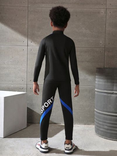 Boys' Sports Outdoors Indoors Black Spliced Letter Pattern Printed Elastic & Breathable & Sweat-Wicking Classic All-Match Running Cycling Training Pants