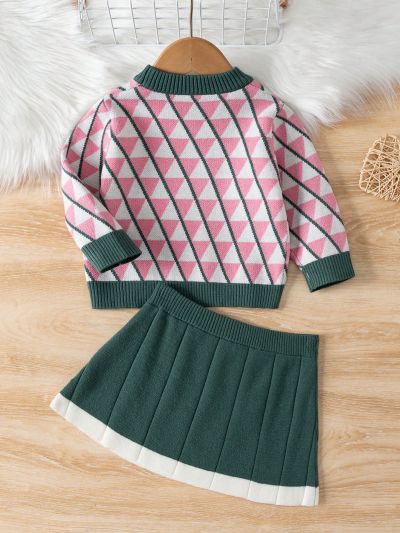 Baby Girls' Geometric Pattern Sweater & Color Block A-Line Skirt Set