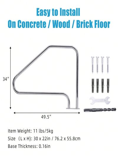 Swimming Pool Handrail 49.5" x 34" Pool Railings for Inground Pools with Non-Slip Sun Protection Insulation Handle Cover and Quick Install Fittings, 304 Stainless Steel Load Capacity 385 lbs