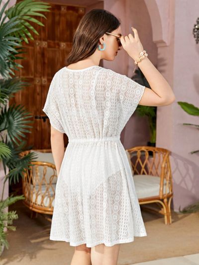 SHEIN Teen Girls' Knitted Hollow Out Lace-Up Cover Up With Waist Tie, Solid Color