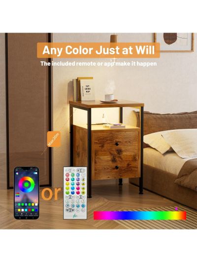 GINRGINR LED Nightstand Charging Station, Wood Nightstand with 2 Deep Drawers & Shelves,  Bed Side End Table for Bedroom & Living Room, Rustic Brown, Rustic Grey, 15.7"D x 15.7"W x 24"H