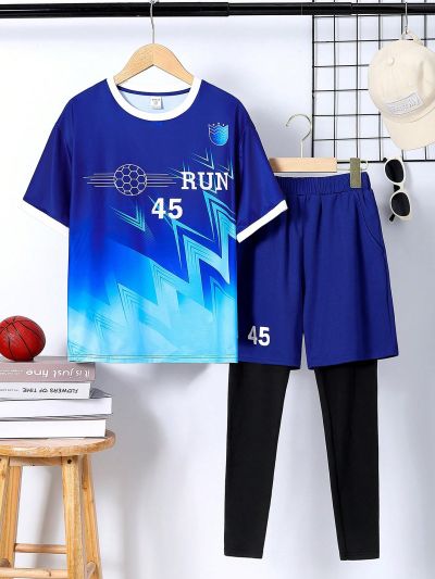 SHEIN Tween Boys' Casual Printed T-Shirt And Two-In-One Pants Sports Suit
